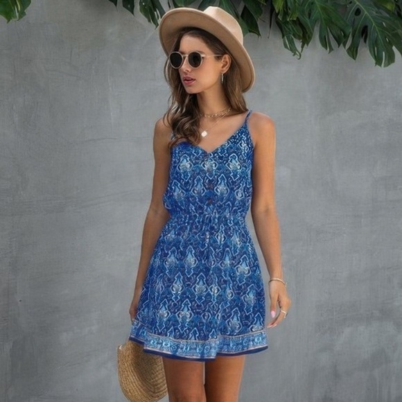 Blue Floral spaghetti strap button down ruffle mini dress - Picture 3 of 4